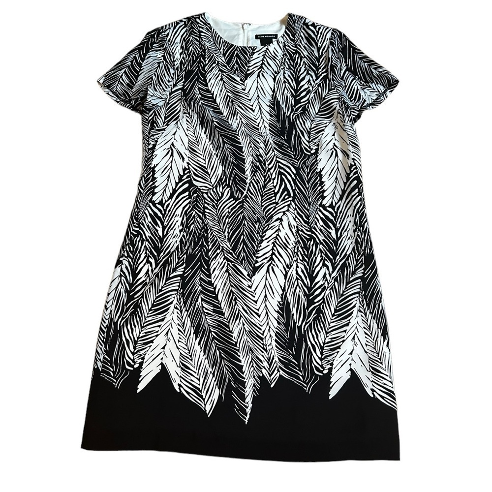 Club Monaco squelah palm leaves Floral Black White‎ Silk Short Sleeve Dress Sz 0
